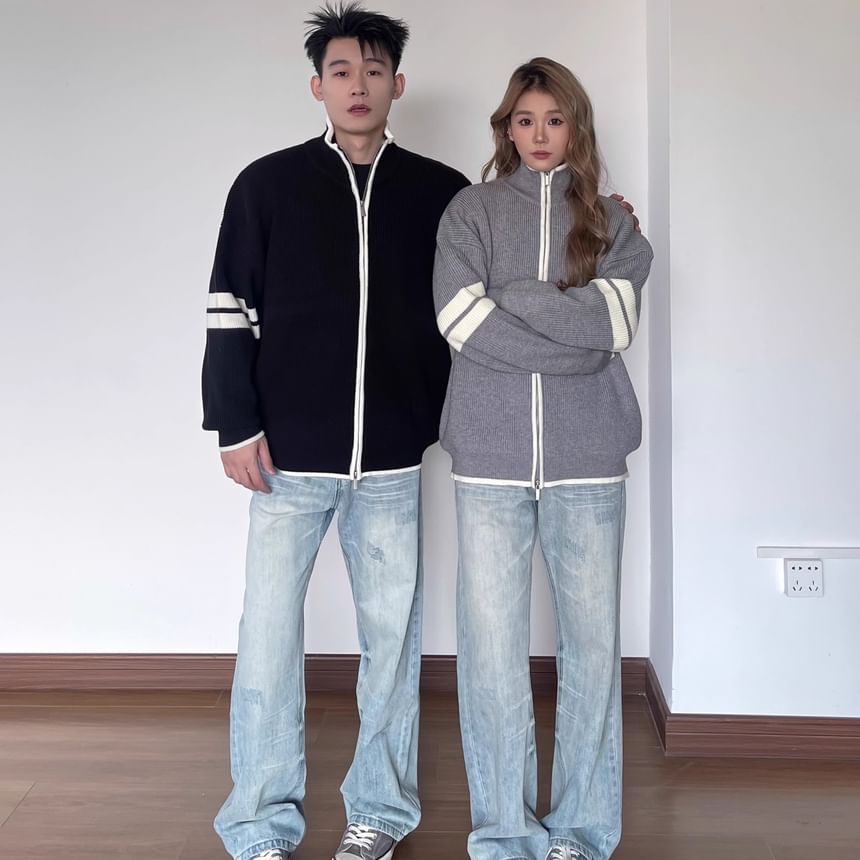 Couple Matching Stand Collar Striped Zip Oversized Cardigan