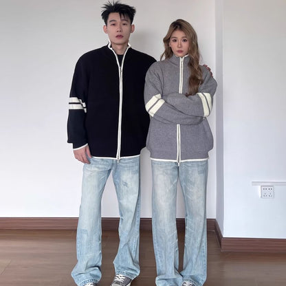 Couple Matching Stand Collar Striped Zip Oversized Cardigan