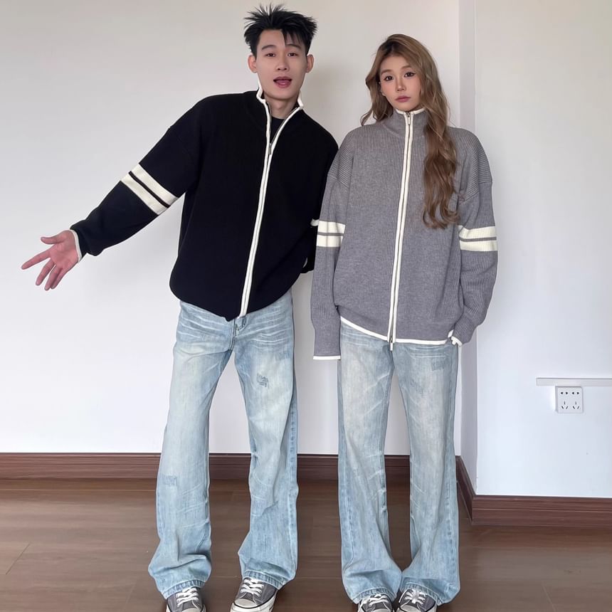 Couple Matching Stand Collar Striped Zip Oversized Cardigan
