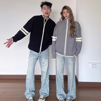 Couple Matching Stand Collar Striped Zip Oversized Cardigan