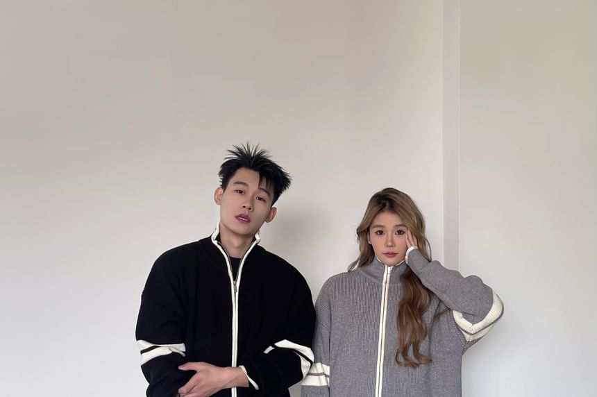 Couple Matching Stand Collar Striped Zip Oversized Cardigan