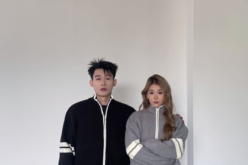 Couple Matching Stand Collar Striped Zip Oversized Cardigan