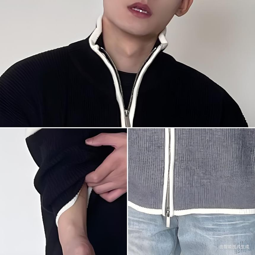 Couple Matching Stand Collar Striped Zip Oversized Cardigan
