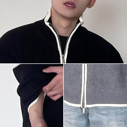 Couple Matching Stand Collar Striped Zip Oversized Cardigan