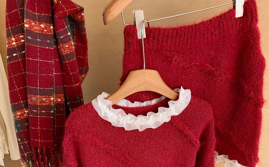 Ruffle Trim Sweater and Mini A-Line Skirt Set