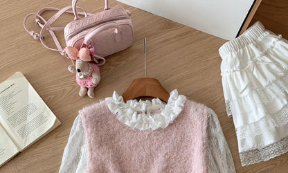 Lace Top and Fluffy Vest Set with Round Neck