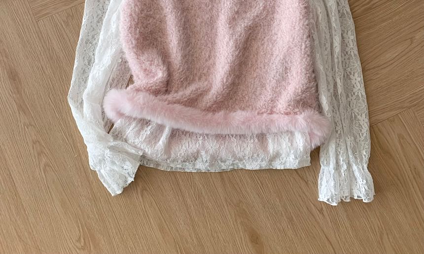 Lace Top and Fluffy Vest Set with Round Neck