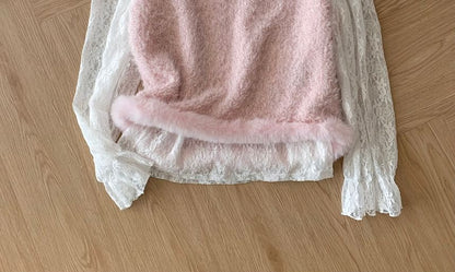 Lace Top and Fluffy Vest Set with Round Neck
