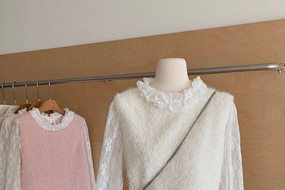 Lace Top and Fluffy Vest Set with Round Neck