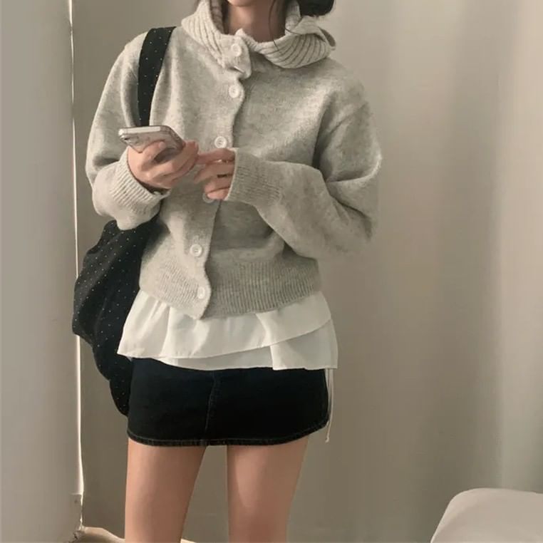 Stand Collar Plain Hood Cardigan