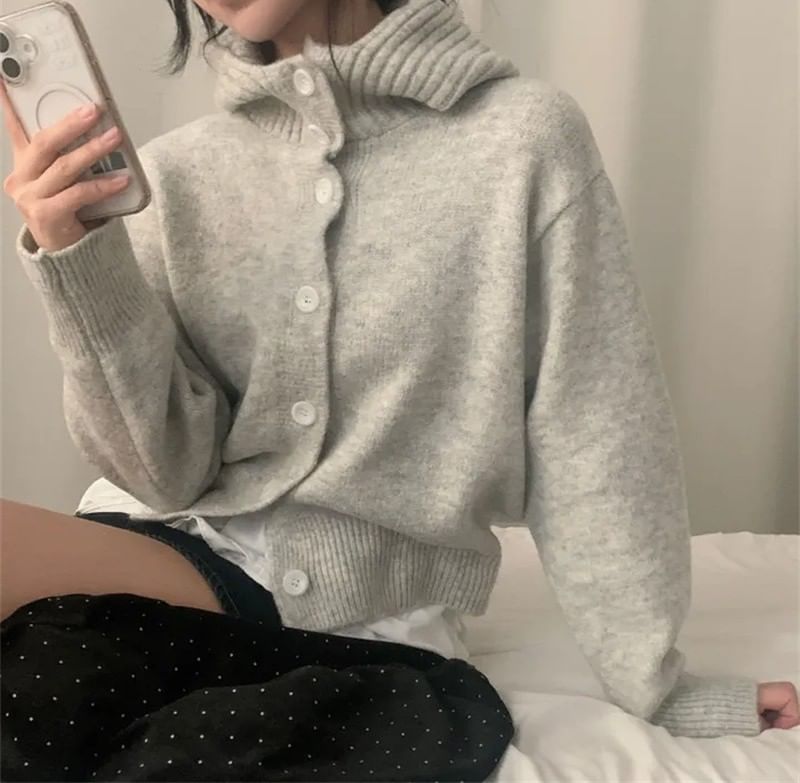Stand Collar Plain Hood Cardigan