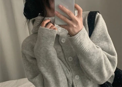 Stand Collar Plain Hood Cardigan