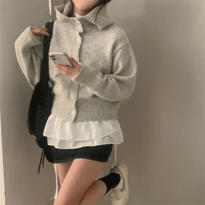 Stand Collar Plain Hood Cardigan