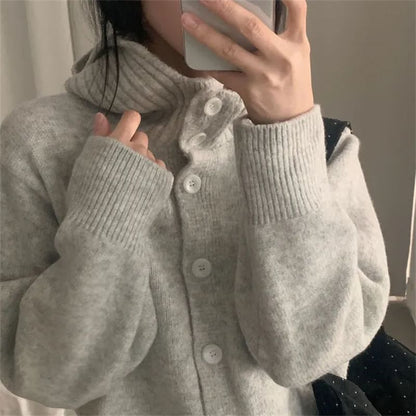 Stand Collar Plain Hood Cardigan