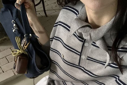 Striped Polo Collar Sweater with Pointed Neckline