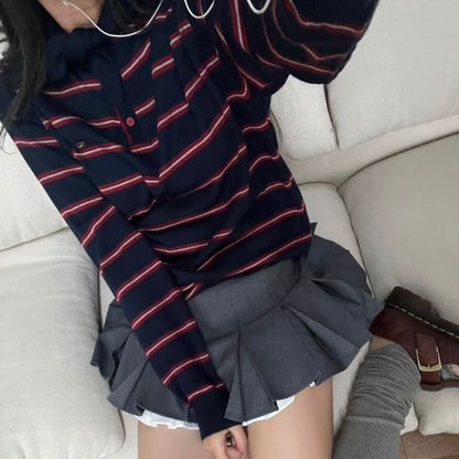 Striped Polo Collar Sweater with Pointed Neckline