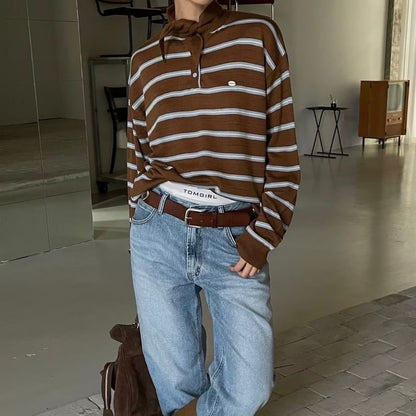 Striped Polo Collar Sweater with Pointed Neckline