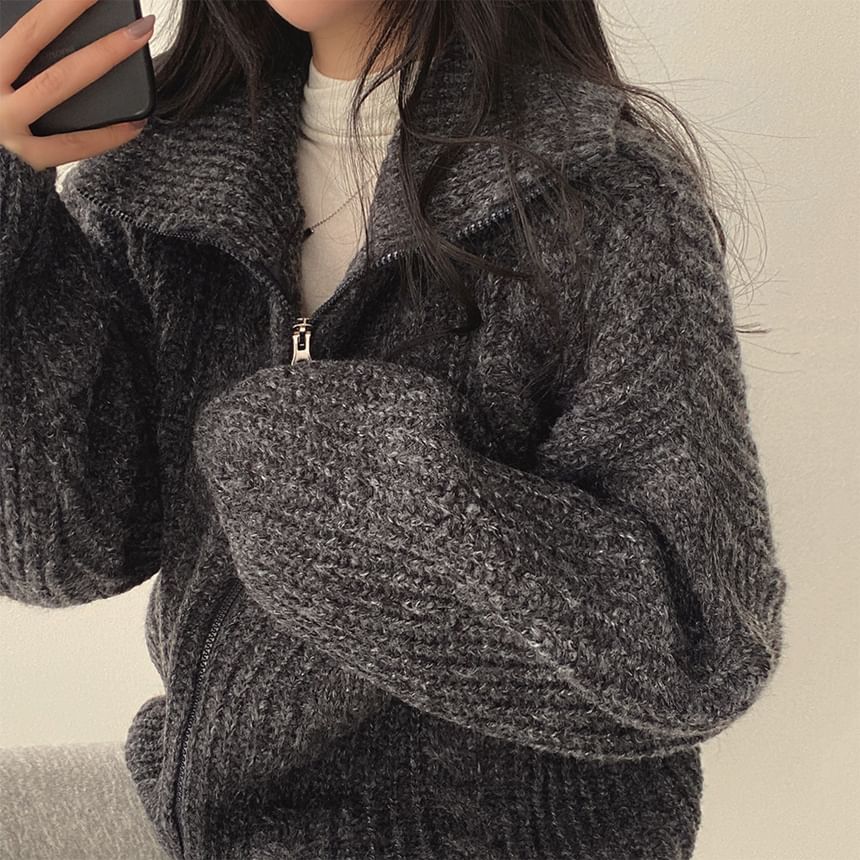 Stand Collar Plain Cable Knit Zip Cardigan