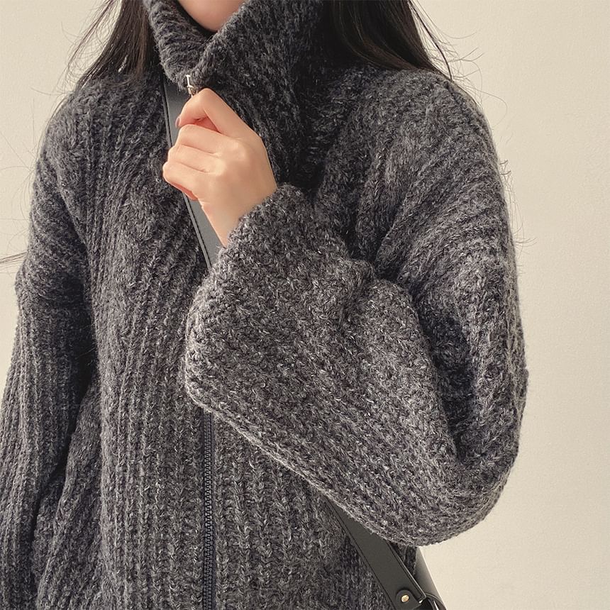 Stand Collar Plain Cable Knit Zip Cardigan