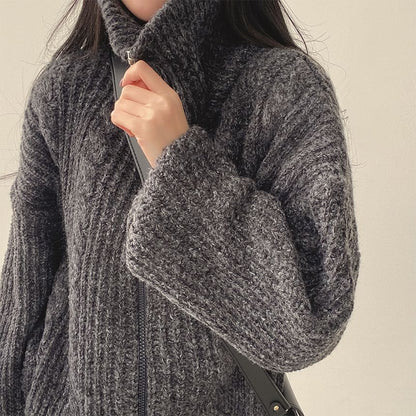 Stand Collar Plain Cable Knit Zip Cardigan