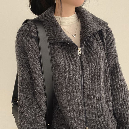 Stand Collar Plain Cable Knit Zip Cardigan