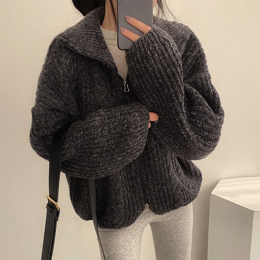 Stand Collar Plain Cable Knit Zip Cardigan