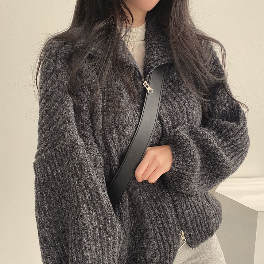 Stand Collar Plain Cable Knit Zip Cardigan