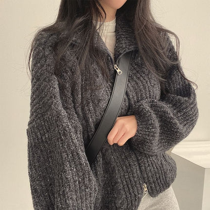 Stand Collar Plain Cable Knit Zip Cardigan