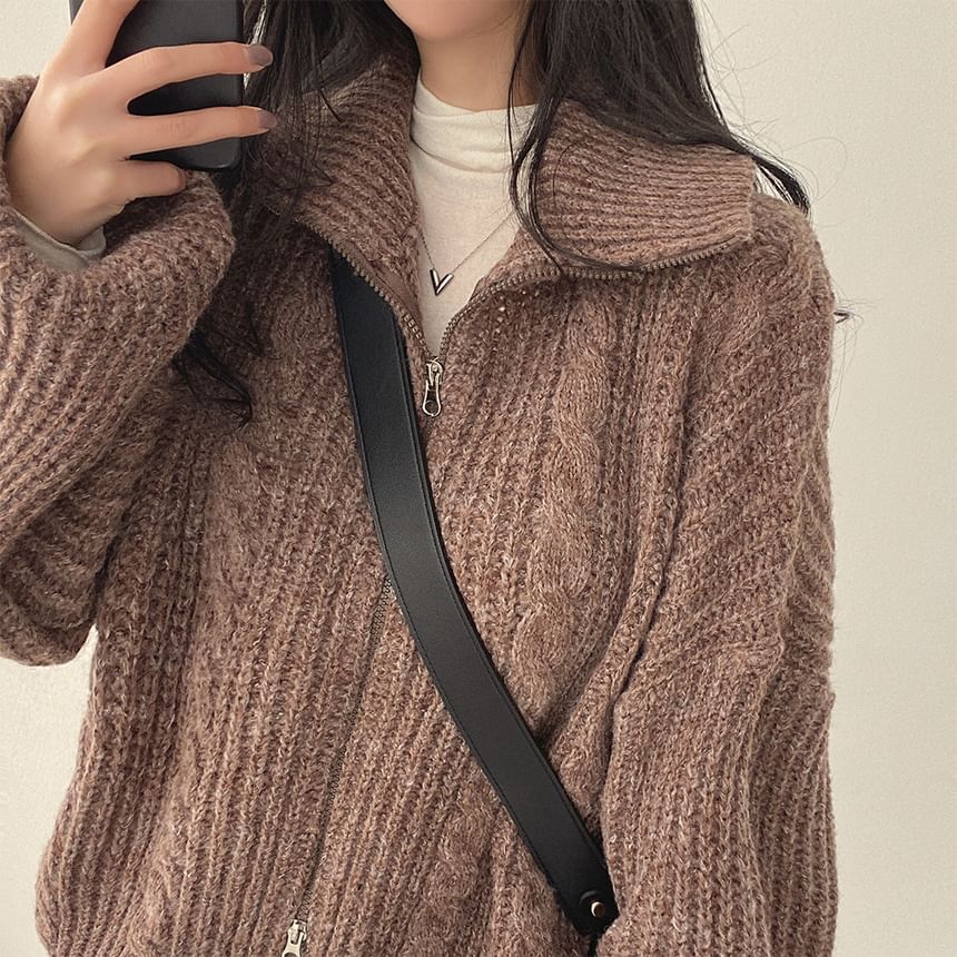Stand Collar Plain Cable Knit Zip Cardigan