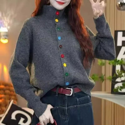 Stand Collar Button-Up Plain Cardigan