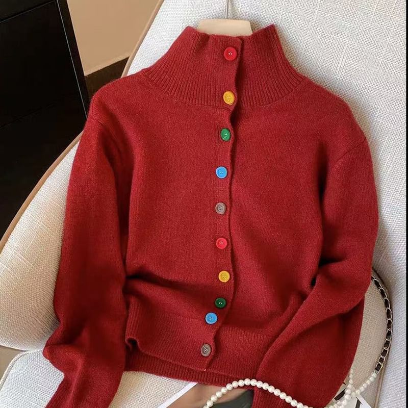 Stand Collar Button-Up Plain Cardigan