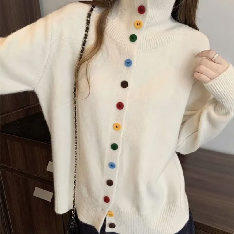Stand Collar Button-Up Plain Cardigan