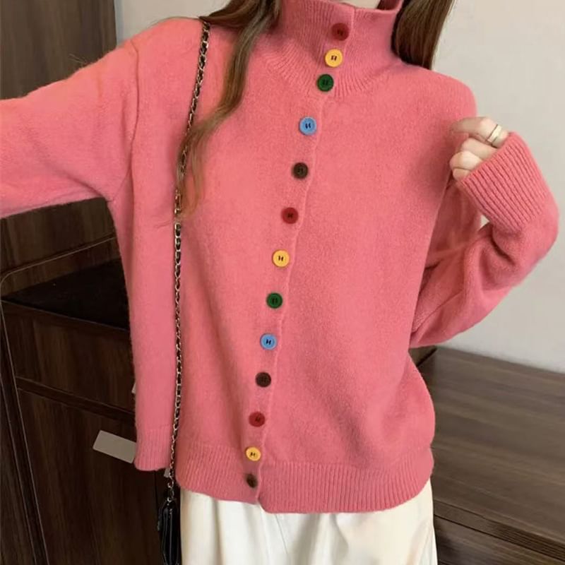 Stand Collar Button-Up Plain Cardigan