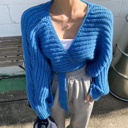 Chunky Knit Wrap V-Neck Cropped Sweater