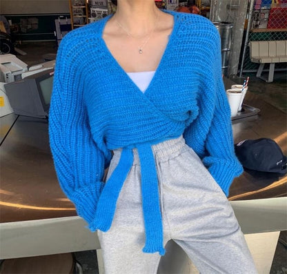 Chunky Knit Wrap V-Neck Cropped Sweater