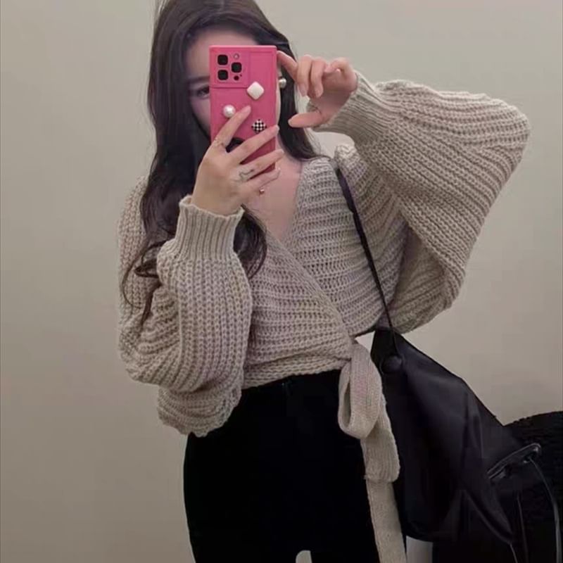 Chunky Knit Wrap V-Neck Cropped Sweater