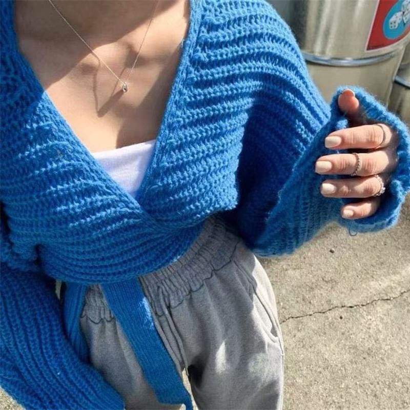 Chunky Knit Wrap V-Neck Cropped Sweater