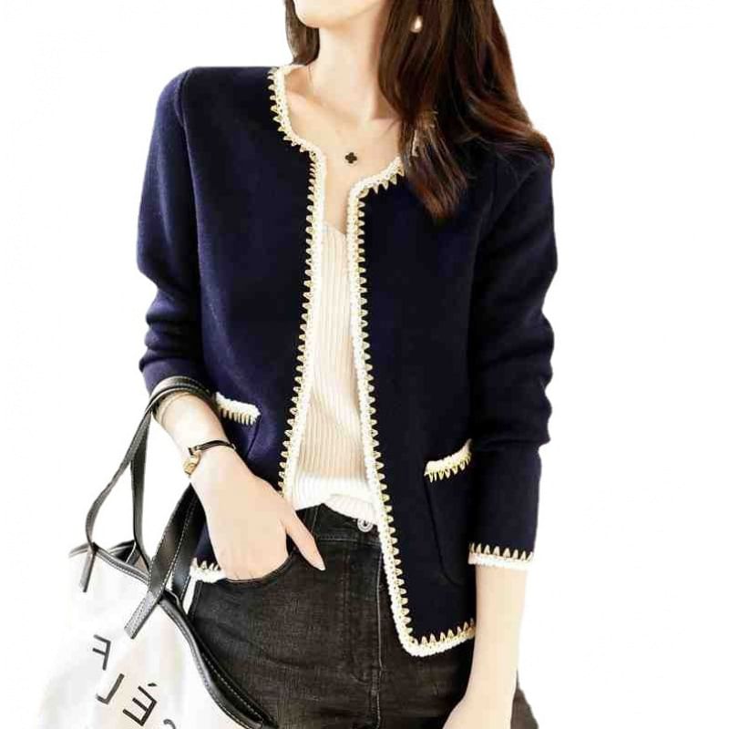 Plain Contrast Stitching Open Front Cardigan
