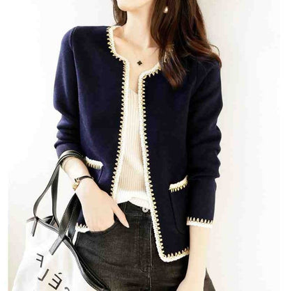 Plain Contrast Stitching Open Front Cardigan