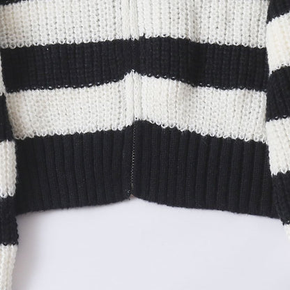 Crew Neck Striped Zip Cardigan