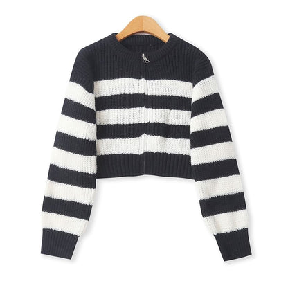 Crew Neck Striped Zip Cardigan