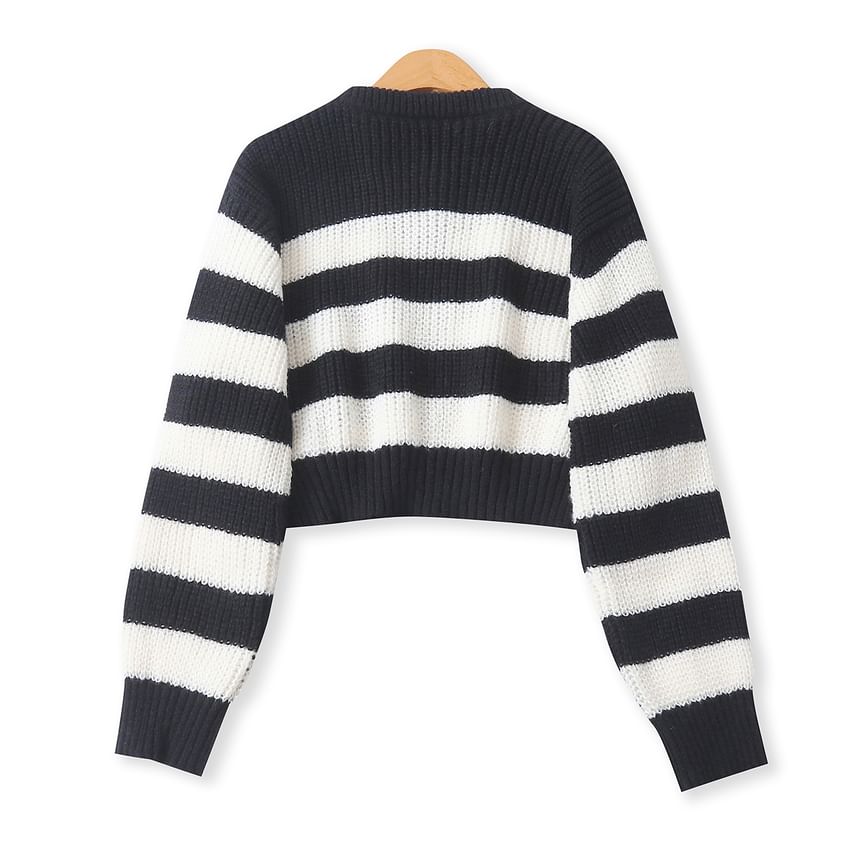 Crew Neck Striped Zip Cardigan