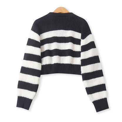 Crew Neck Striped Zip Cardigan
