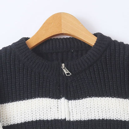 Crew Neck Striped Zip Cardigan