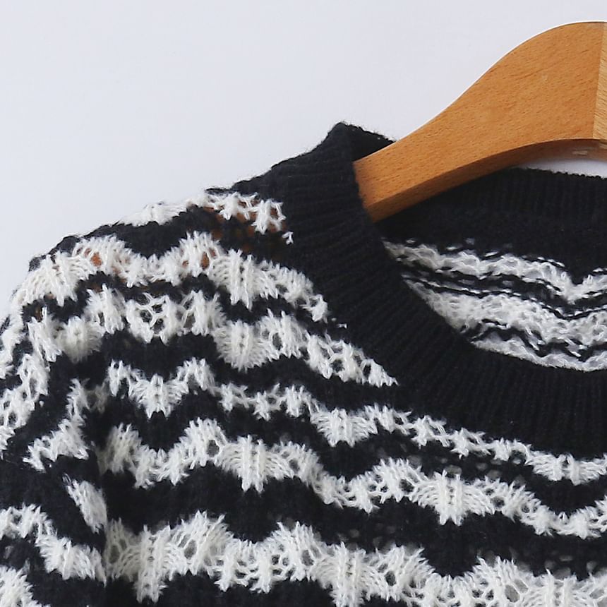 Wavy Striped Pointelle Crew Neck Sweater