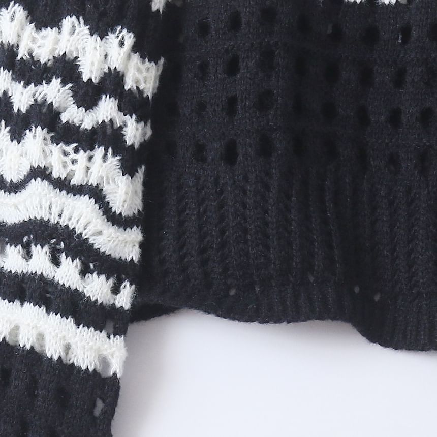 Wavy Striped Pointelle Crew Neck Sweater