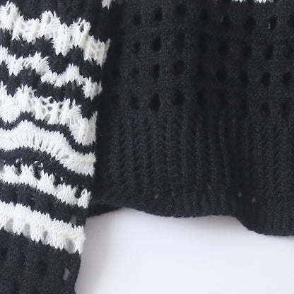 Wavy Striped Pointelle Crew Neck Sweater