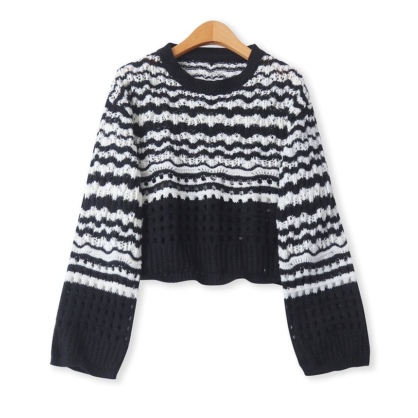 Wavy Striped Pointelle Crew Neck Sweater