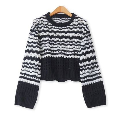 Wavy Striped Pointelle Crew Neck Sweater