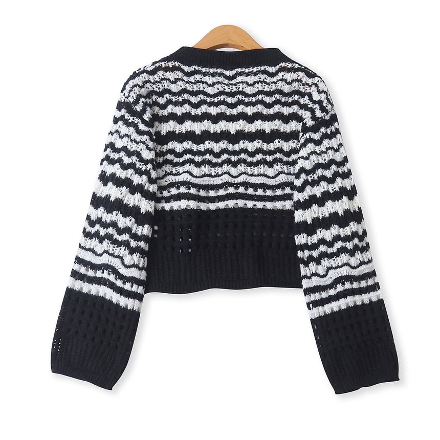 Wavy Striped Pointelle Crew Neck Sweater